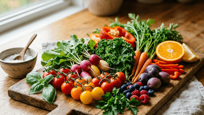 Fresh colorful vegetables and fruits on a wooden cutting board